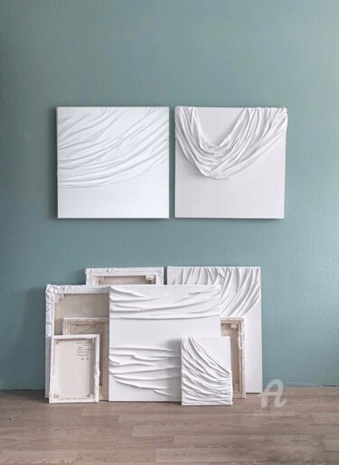 Painting titled "Snow diptych-70x140…" by Anastasia Grik, Original Artwork, Fabric Mounted on Wood Stretcher frame