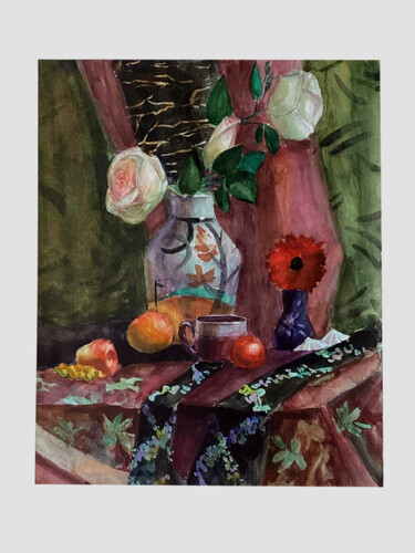 Peinture intitulée "Натюрморт с розами" par Anastasia Kirilenko, Œuvre d'art originale, Aquarelle