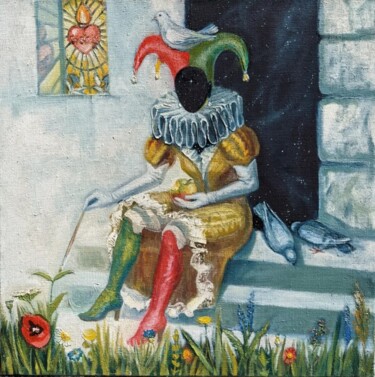 Картина под названием "Шут. Божественная и…" - Anastasia Leshukova, Подлинное произведение искусства, Масло Установлен на Де…