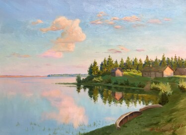 Картина под названием "Утро на озере" - Анастасия Лёва, Подлинное произведение искусства, Масло