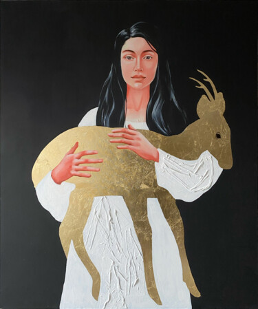 Schilderij getiteld "Golden antelope" door Anastasia Lyulina, Origineel Kunstwerk, Acryl Gemonteerd op Frame voor houten bra…