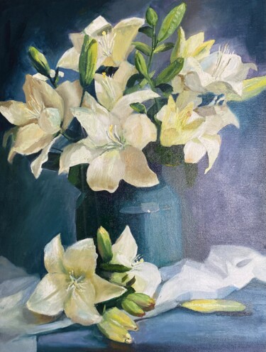 Картина под названием "Цветы" - Анастасия Меднева, Подлинное произведение искусства, Масло Установлен на Деревянная панель