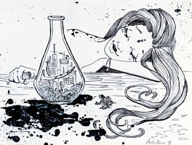 Dibujo titulada "In the bottle" por Анастасия Потелова, Obra de arte original, Tinta