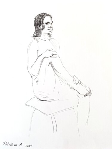 Dibujo titulada "Sitting 3" por Анастасия Потелова, Obra de arte original, Grafito