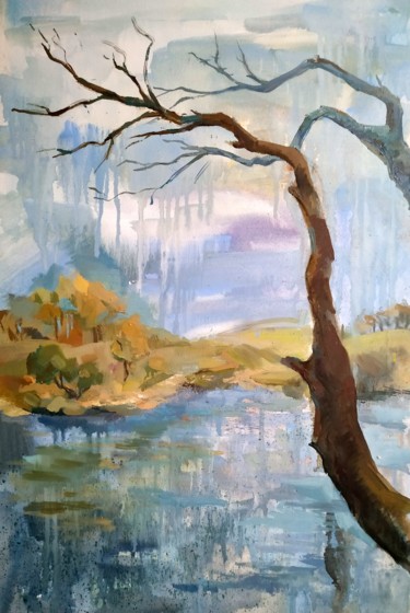 Painting titled "riverside tree" by Svoboda, Original Artwork, Oil