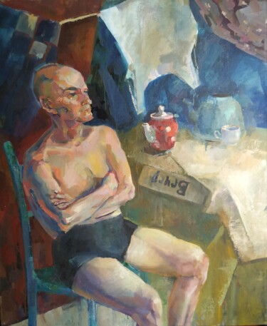 Painting titled "Вечер в коммуналке.…" by Svoboda, Original Artwork, Oil Mounted on Wood Stretcher frame