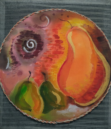 Картина под названием "Груши (батик)" - Svoboda, Подлинное произведение искусства, Ткань Установлен на Деревянная рама для н…