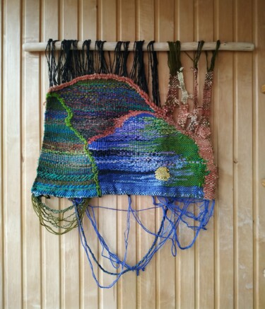 Textilkunst mit dem Titel "гобилен луна в лесу" von Svoboda, Original-Kunstwerk, Tapisserie Auf Andere starre Platte montiert