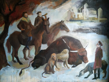 Pintura intitulada "Охотники" por Svoboda, Obras de arte originais, Óleo Montado em Armação em madeira