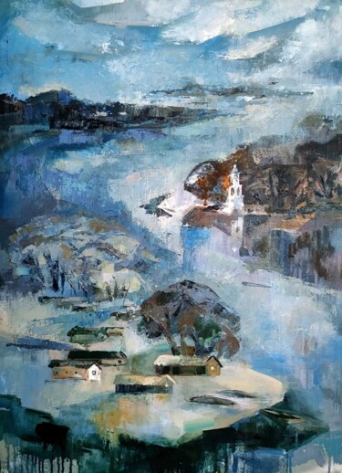 Картина под названием "Река с белым маяком…" - Svoboda, Подлинное произведение искусства, Масло Установлен на Деревянная рам…