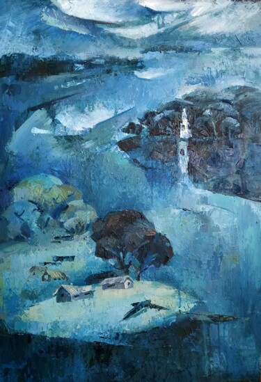 Картина под названием "Спокойная река , го…" - Svoboda, Подлинное произведение искусства, Масло