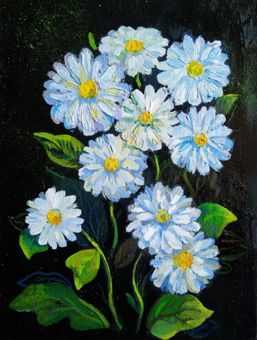 Картина под названием "Ромашки, цветы на ч…" - Svoboda, Подлинное произведение искусства, Масло