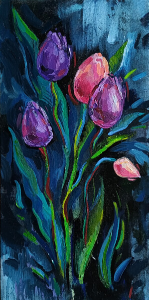 Картина под названием "Тюльпаны на черном…" - Svoboda, Подлинное произведение искусства, Масло
