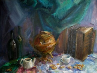 Картина под названием "Натюрморт с самовар…" - Svoboda, Подлинное произведение искусства, Масло Установлен на Деревянная рам…