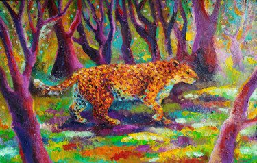 Painting titled "Леопард в волшебном…" by Svoboda, Original Artwork, Oil