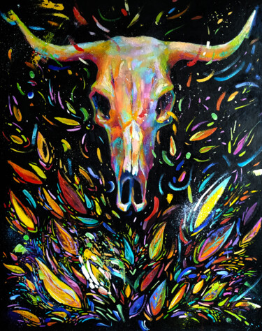 Peinture intitulée "Красочный череп быка" par Svoboda, Œuvre d'art originale, Huile Monté sur Châssis en bois