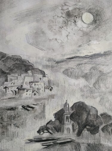 Картина под названием "Город на воде , гра…" - Svoboda, Подлинное произведение искусства, Карандаш