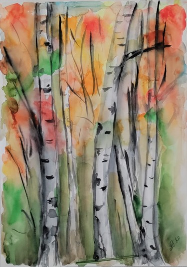Painting titled "Autumn birch" by Anastasia_art, Original Artwork, Watercolor
