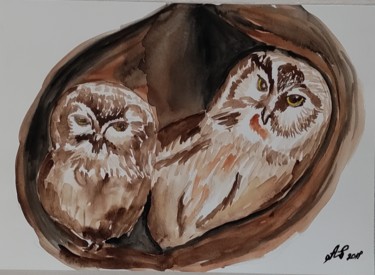 Painting titled "Owl me the baby" by Anastasia_art, Original Artwork, Watercolor