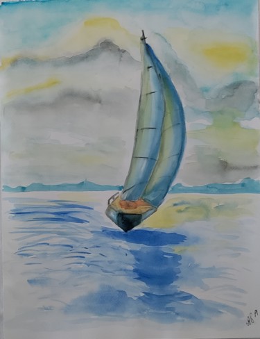 Schilderij getiteld "Sonnenschein am Meer" door Anastasia_art, Origineel Kunstwerk, Aquarel