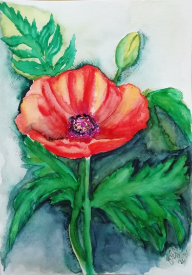 Pintura intitulada "Blühender Mohn, Moh…" por Anastasia_art, Obras de arte originais, Aquarela