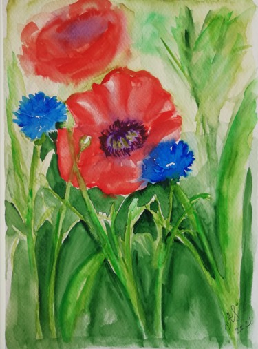 Malerei mit dem Titel "Mohn und Kornblumen" von Anastasia_art, Original-Kunstwerk, Aquarell