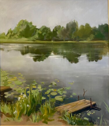 Painting titled "«lake»" by Anastasia Tamojkina, Original Artwork, Oil Mounted on Wood Stretcher frame
