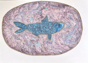 Painting titled "Mosaic blue fish" by Anastasia Tokdemir, Original Artwork, Watercolor