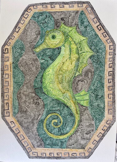 Malerei mit dem Titel "Mosaic seahorse" von Anastasia Tokdemir, Original-Kunstwerk, Aquarell