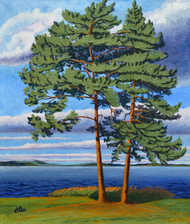 Painting titled "Two trees" by Anastasia Uferev, Original Artwork, Oil Mounted on Wood Stretcher frame