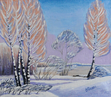 Painting titled "The snow covered tr…" by Anastasia Uferev, Original Artwork, Oil Mounted on Wood Stretcher frame