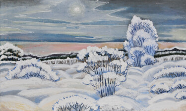 Painting titled "Winter evening" by Anastasia Uferev, Original Artwork, Oil Mounted on Wood Stretcher frame
