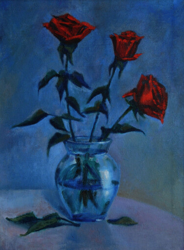 Painting titled "Roses on the blue b…" by Anastasia Uferev, Original Artwork, Oil Mounted on Wood Stretcher frame