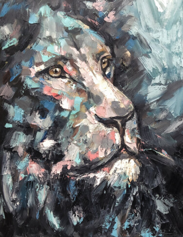 Malarstwo zatytułowany „Lion palette knife” autorstwa Анастасия Юрзинова, Oryginalna praca, Olej Zamontowany na Drewniana ra…