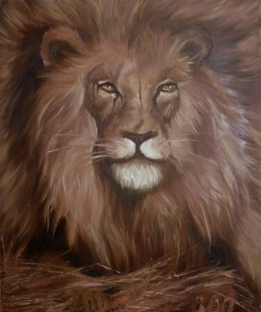 Painting titled "Lion oil painting" by Anastasiia Iurzinova, Original Artwork, Oil Mounted on Wood Stretcher frame