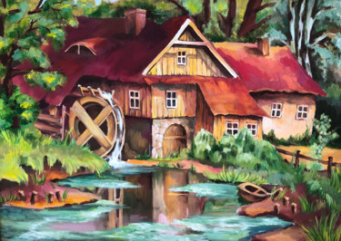 Painting titled "Mill landscape" by Anastasiia Iurzinova, Original Artwork, Gouache