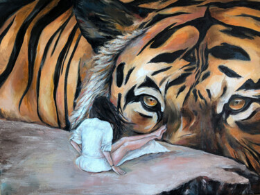 Painting titled "Tiger and girl" by Anastasiia Iurzinova, Original Artwork, Oil Mounted on Wood Stretcher frame