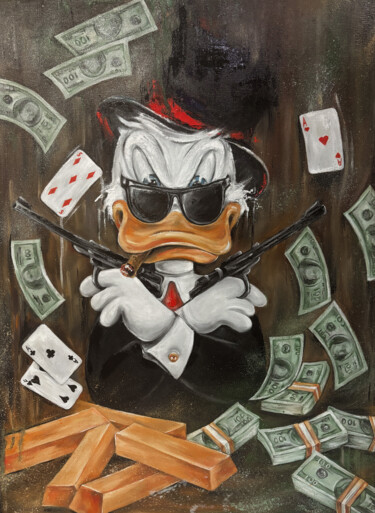 Painting titled "Gangster Scrooge" by Anastasiia Iurzinova, Original Artwork, Oil Mounted on Wood Stretcher frame