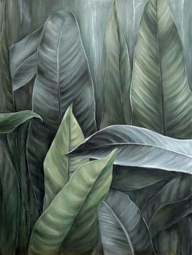 Painting titled "Tropical leaves" by Anastasiia Iurzinova, Original Artwork, Oil Mounted on Wood Stretcher frame