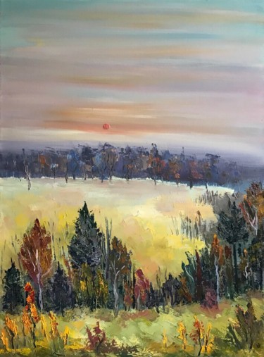 Картина под названием ""Autumn sunset"" - Anastasia Valaeva, Подлинное произведение искусства, Масло Установлен на Деревянна…