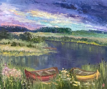 Картина под названием "Evening in the bay" - Anastasia Valaeva, Подлинное произведение искусства, Масло Установлен на Деревя…