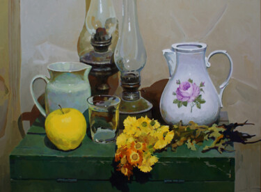 Painting titled "Still life with yel…" by Anastasia Yarosevitch, Original Artwork, Oil Mounted on Wood Stretcher frame