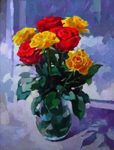 Painting titled "Roses" by Anastasia Yarosevitch, Original Artwork, Oil Mounted on Wood Stretcher frame