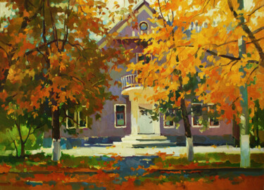 Painting titled "Autumn" by Anastasia Yarosevitch, Original Artwork, Oil Mounted on Wood Stretcher frame