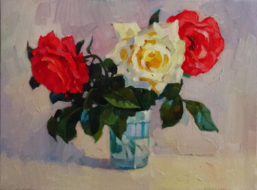 Painting titled "Roses 1" by Anastasia Yarosevitch, Original Artwork, Oil Mounted on Wood Stretcher frame
