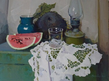 Painting titled "Still life with wat…" by Anastasia Yarosevitch, Original Artwork, Oil Mounted on Wood Stretcher frame