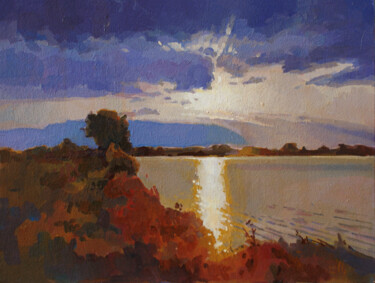 Painting titled "Закат на озере" by Anastasia Yarosevitch, Original Artwork, Oil