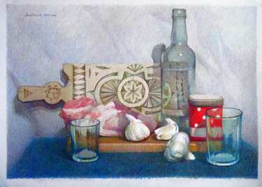 Картина под названием "Натюрморт с чесноком" - Анастасия Ярошевич, Подлинное произведение искусства, Карандаш