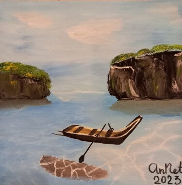 Painting titled "A boat in the ocean" by Anastasiia Netsvetaeva, Original Artwork, Acrylic