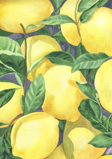 Painting titled "Big lemons" by Anastasiia Aksenova, Original Artwork, Watercolor